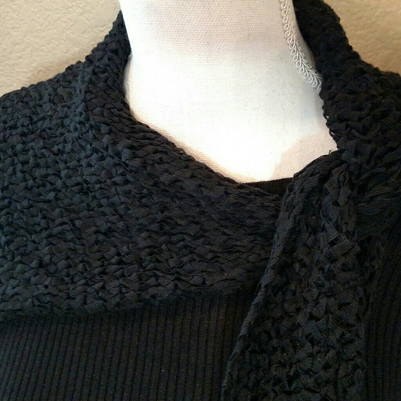 POPulation Black Ribbed Knit Sweater with Attached Fringed Scarf Collar Size L - Picture 2 of 7